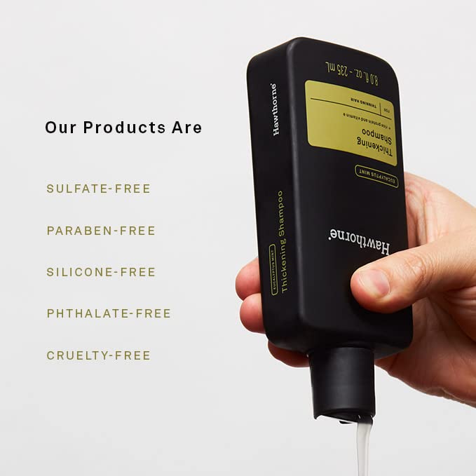 Hawthorne Thickening Shampoo for Thinning Hair. Fight Hair Loss With Rice Protein & Vitamin E Thickening Formula. Eucalyptus Mint Scent. Sulfate Free Mens All Natural Shampoo. 8 fl. oz. 2-Pack.