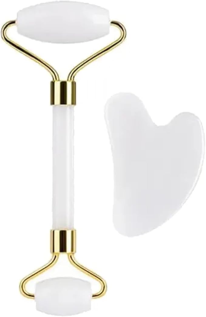 Gua Sha and Jade Roller Set for Facial Massage – Skin Care Tools to Reduce Puffiness and Redness, Perfect Self-Care Gift for Men and Women (White)