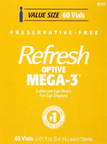 Refresh Optive MEGA-3 Lubricant Eye Drops Preservative-Free Artificial Tears, 0.01 fl oz (0.4 mL), 60 Single-Use Containers (Pack of 2)