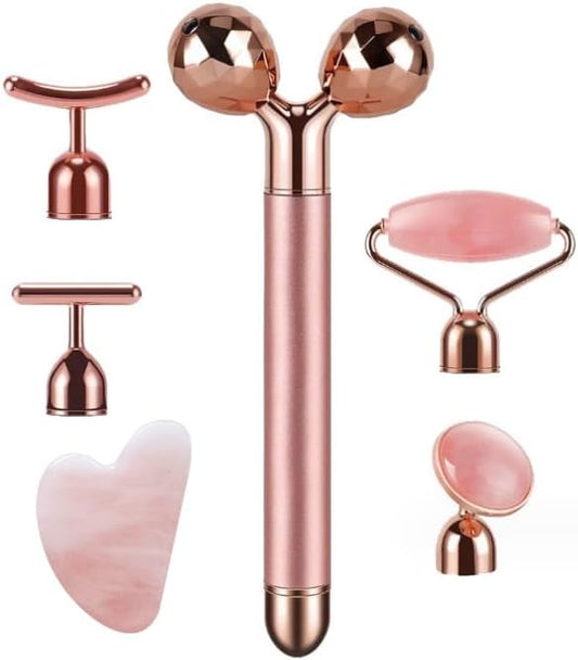 7pcs Facial Jade Roller and Gua Sha Kit, 100% Natural Jade Stone Face Massager for Skin Tightening, Dark Circles, Skin Rejuvenation, Wrinkle Remover, Men and Women Massage Tool Gift Set, Pink
