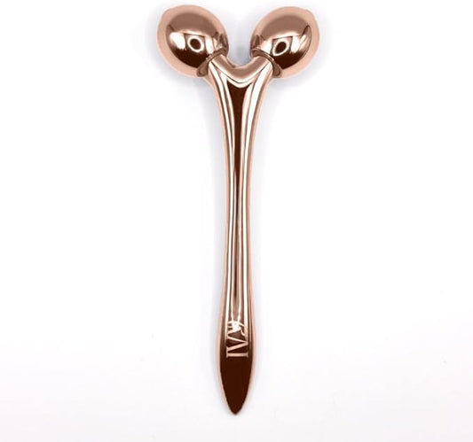 mwein Ivy 3D Face Massage Roller – Mini Lightweight Small Travel-Sized Y-Shaped Stainless Steel – Jade Roller, Ice Roller, Cellulite Roller – Face Sculpting Tool (Rose Gold/Pink)
