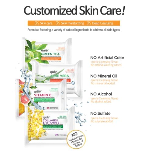 Epielle Makeup Remover Wipes, Remove Dirt, Oil, Waterproof Mascara, Gentle Daily Facial Cleanser Towelettes with Witch Hazel, Cica & Green Tea, Hypoallergenic & Alcohol-Free, 30 Count (Pack of 6)