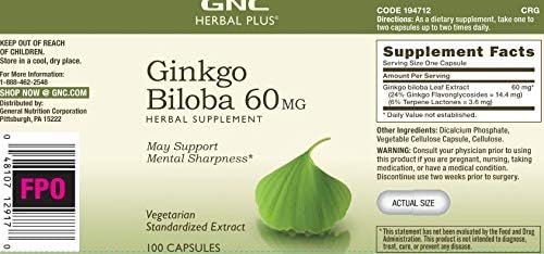 GNC Herbal Plus Ginkgo Biloba 60mg, 100 Capsules,
