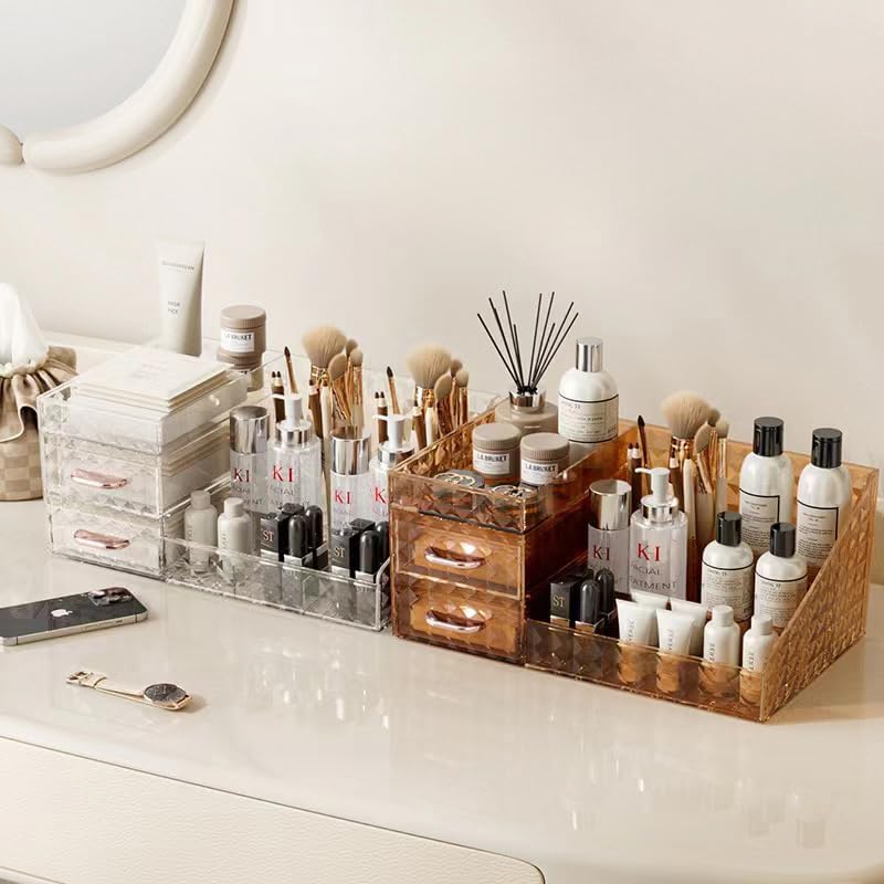 Clear Makeup Organizer for Vanity,Desk Makeup Caddy With Drawers for Cosmetics,Lipsticks Nail Care Skincare Jewelry Countertop Organizers,Cosmetic Display Cases for Bathroom, Dresser (Clear)