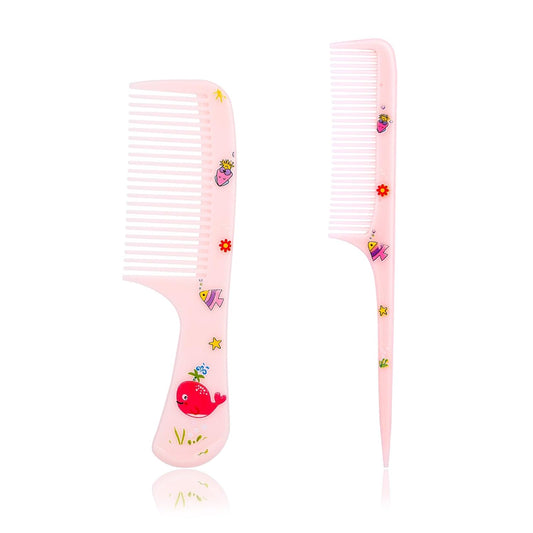 2pcs Cute Hair Comb Set, Fine Tooth & Rat Tail Styling Comb Mini Baby Plastic Hairbrush Tools Accessories for Toddlers Kids Women All Hair Types (Pink Whale)