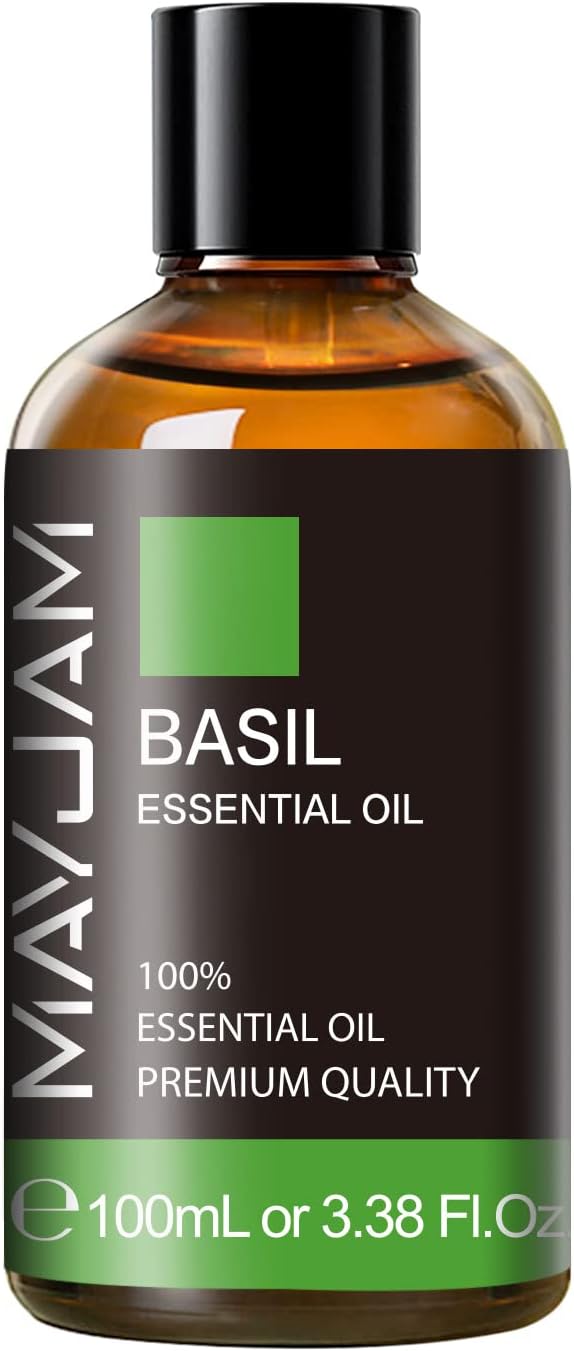 Basil Essential Oil 100ml, MAYJAM Premium Essential Oils for Aromatherapy, Diffuser, Soap Making, Candle Making, Large Bottle Basil Oil with Gift Box(3.38fl.oz)