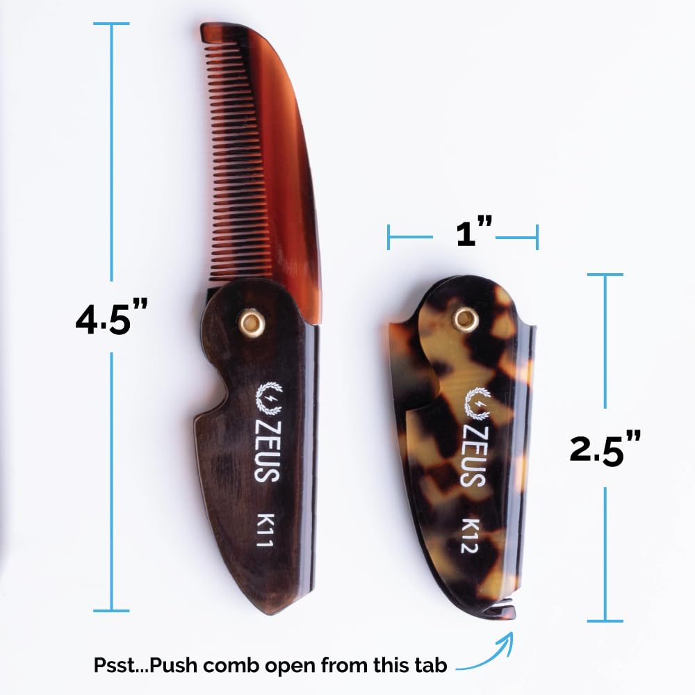 ZEUS Folding Mustache Comb for Men, Handmade Saw-Cut Pocket Comb for Men’s Beard & Moustache Grooming, Compact & Travel Friendly (Tortoiseshell) K12