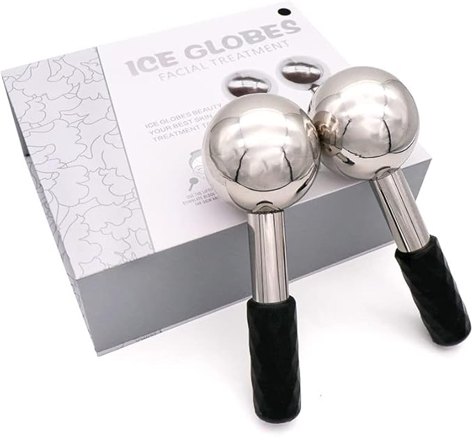 Facial Ice Globes and Roller, Cooling Massager for Face, Eyes and Neck, Cryotherapy Treatment for Puffiness, Dark Circles and Wrinkles (Silver)