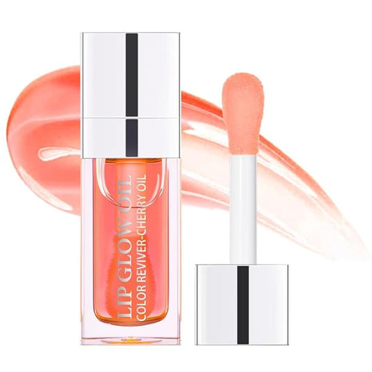 Plumping Lip Oil, Hydrating Gloss Tinted Lip Balm Transparent Lip Care, Big Brush Head Glitter Shine, Long Lasting Nourishing Non-sticky Fresh Texture(PINK)