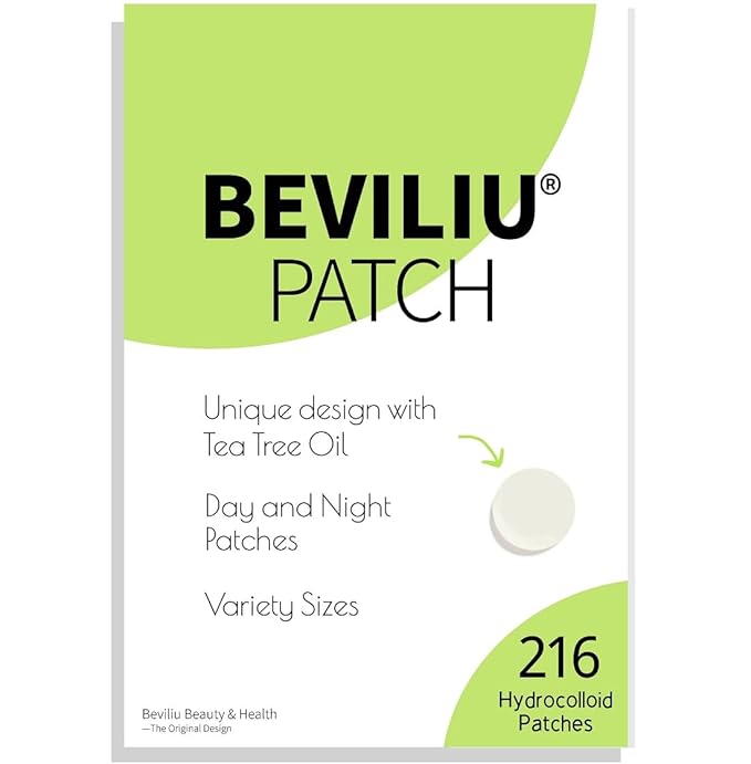 Beviliu 216 Count Pimple Patches for Face(Tea Tree Oil & Ultra-Thin Day/Thick Night Use) Hydrocolloid Acne Patches for Face, Zit Patches for Face, 2 Sizes, Facial Skin Care Products