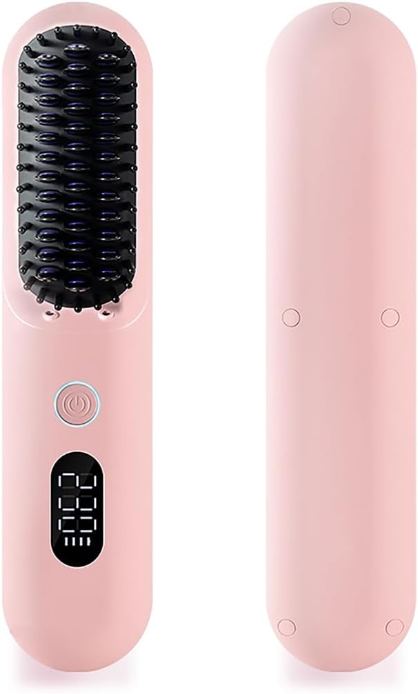 OUEST Cordless Hair Straightener Brush, Portable Mini Straightener Flat Iron, Ceramic Hot Comb with Negative Ions for Women, Lightweight Heated Hair Brush for Travel, Pink