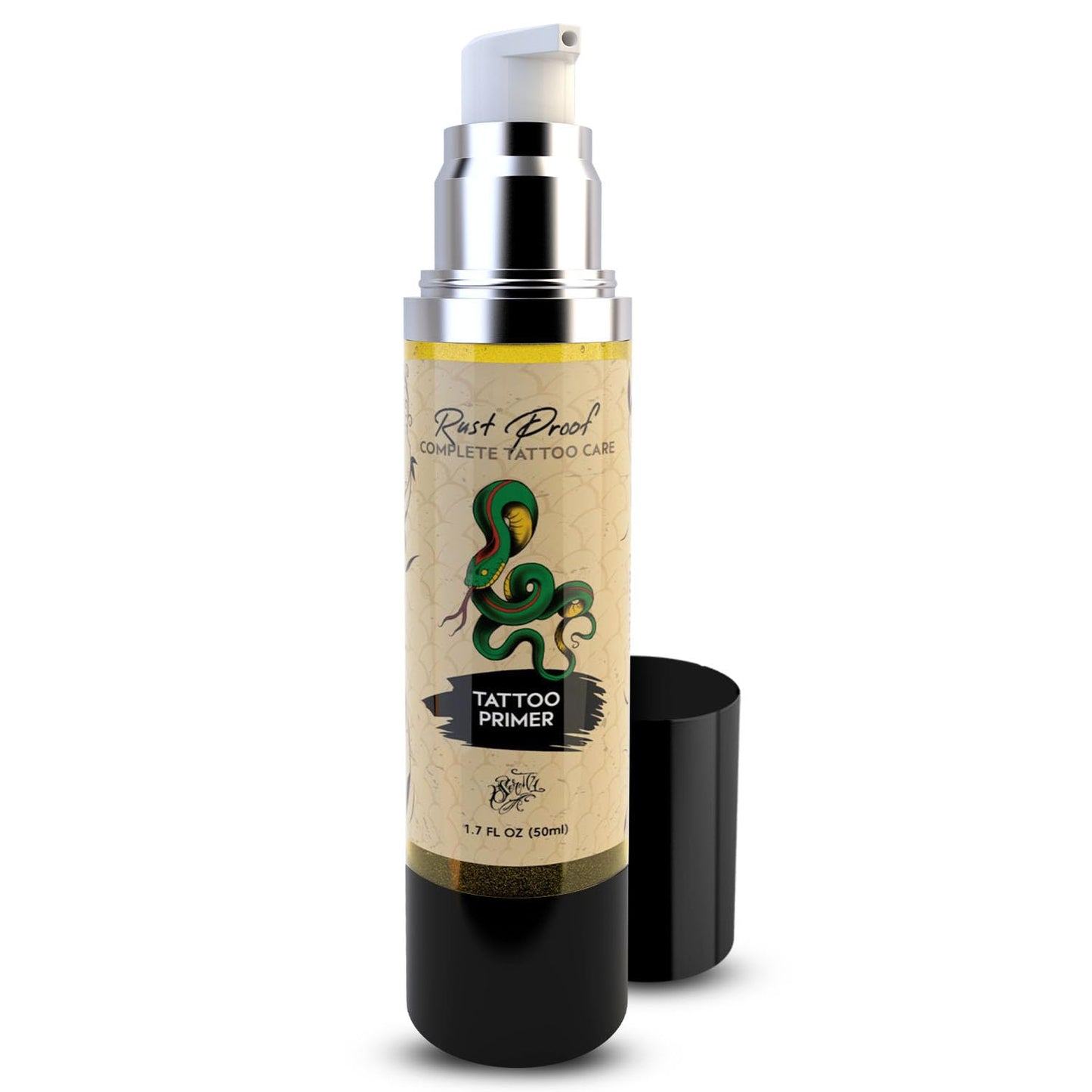 Rust Proof Tattoo Primer 1.7 Fl oz – Lightweight Body Oil Preps and Soothes Tattooed Skin – Fast-Absorbing, Non-Greasy Repair Oil with 14 Essential Oils – Supports Comfort and Skin Vitality