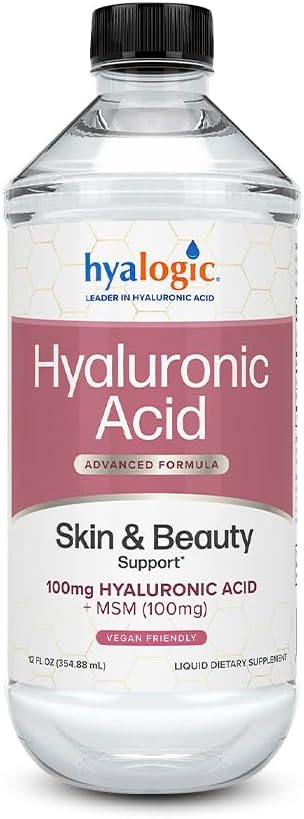 Hyalogic Liquid Hyaluronic Acid Supplement - Ingestible Skin Support with 100mg HA and 100mg MSM - Natural Hydration for The Face, Eyes and Lips - High Molecular Weight Formula - 12 oz