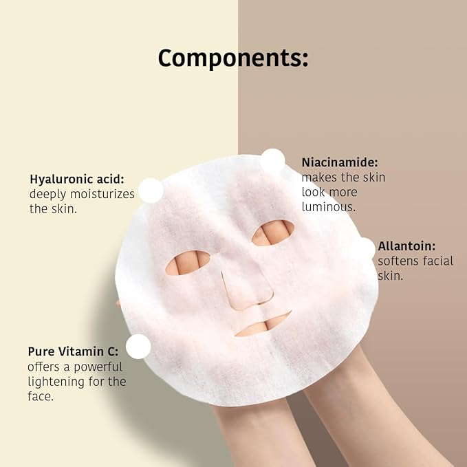 Vitamin C & Hyaluronic Acid Face Mask (5 Masks) + Eye Mask Patches with Vitamin C, Cucumber and Hyluronic Acid, Anti-Fatigue and Illuminating (5 Pairs)- Vegan, Korean Skin Care- Total Bundle 10 pieces