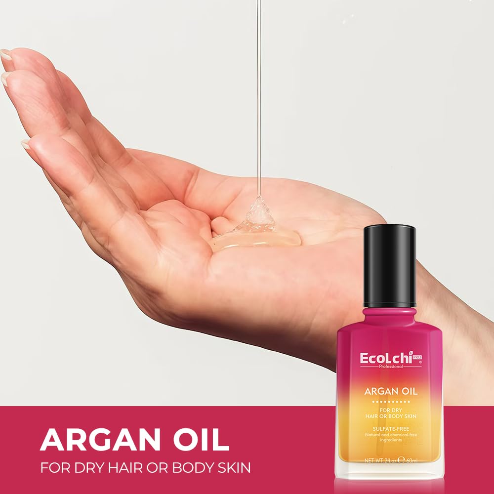 Ecolchi Argan Hair Oil Hair Serum Cold Pressed Weightless Vitamin E Argan Oil Hair Treatment for Dry Damaged Hair Body Skin 60ml