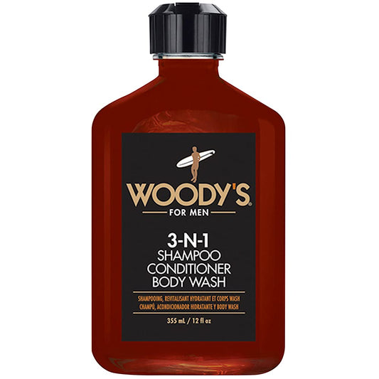 Woody's 3-in-1 Shampoo, Conditioner & Body Wash for Men, Travel-Size, All-in-One Hair & Body Cleanser for Daily Use, 12 fl oz