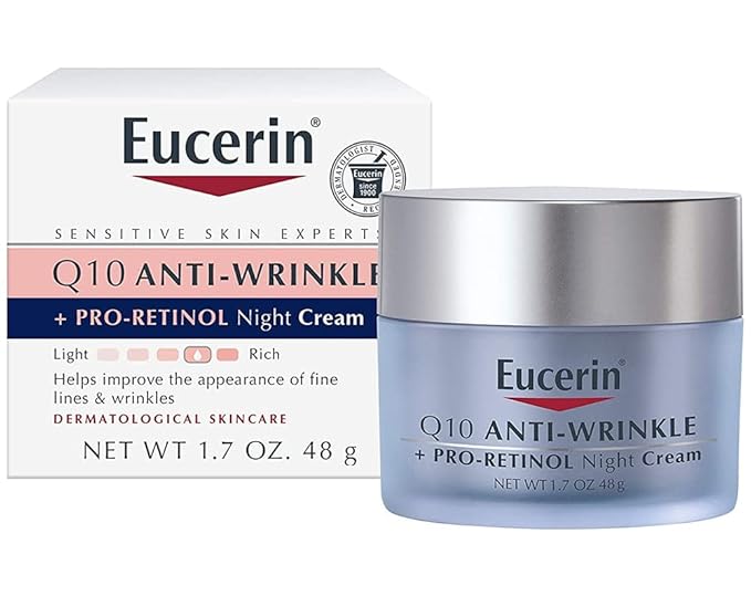 Eucerin Q10 Anti-Wrinkle Night Cream + Pro-Retinol, Facial Cream for Sensitive Skin, 1.7 Oz Jar