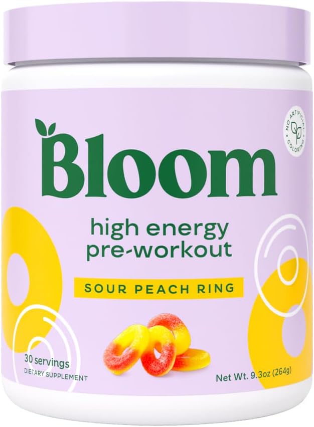 Bloom Nutrition High Energy Pre Workout Powder, Amino Energy with Beta Alanine, Ginseng & L Tyrosine, Natural Caffeine Powder from Green Tea Extract, Sugar Free & Keto Drink Mix (Sour Peach Ring)