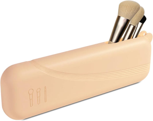 Silicone Makeup Brush holder,Large Travel Makeup Brush Case with Half-open Snap Design, Anti-fall Out Travel Bag,Portable and Eco-Friendly Beauty Cosmetic Organizer (Khaki*1)