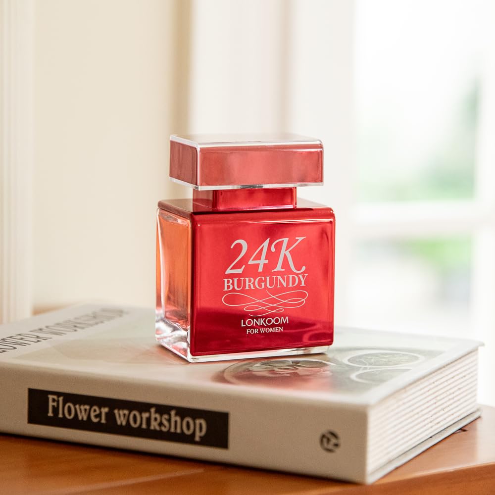 Lonkoom 24K Burgundy Perfume for Women, 3.4 Fl Oz/100ml Sweet Rose Eau de Parfum Spray Long-Lasting Fragrance, Oriental Floral Notes of Rose Orange Blossom Musk Vanilla Tangerine Bergamot Jasmine