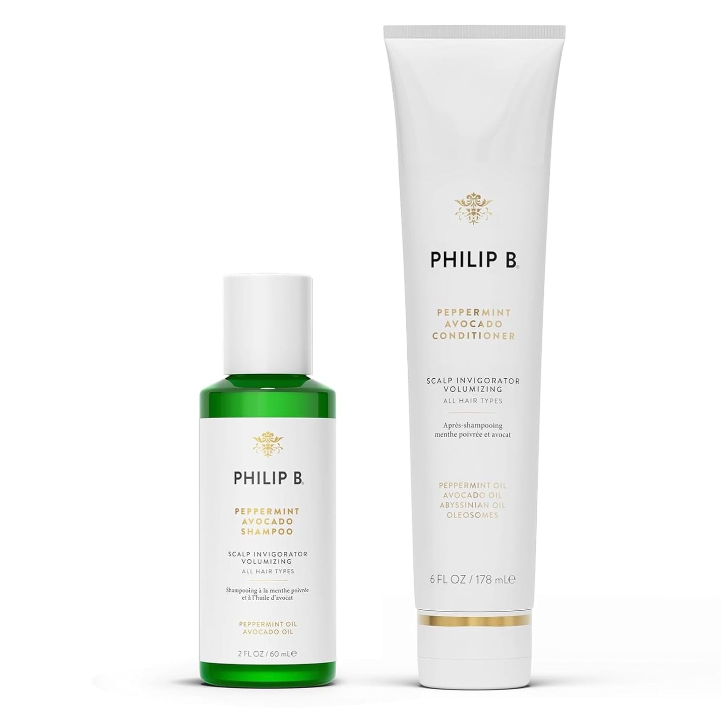 PHILIP B. Peppermint Avocado Conditioner 6oz + Peppermint Avocado Shampoo 2oz Set - Volumizing & Clarifying, Peppermint Oil and Eucalyptus Invigorates the Scalp With a Tingly Sensation
