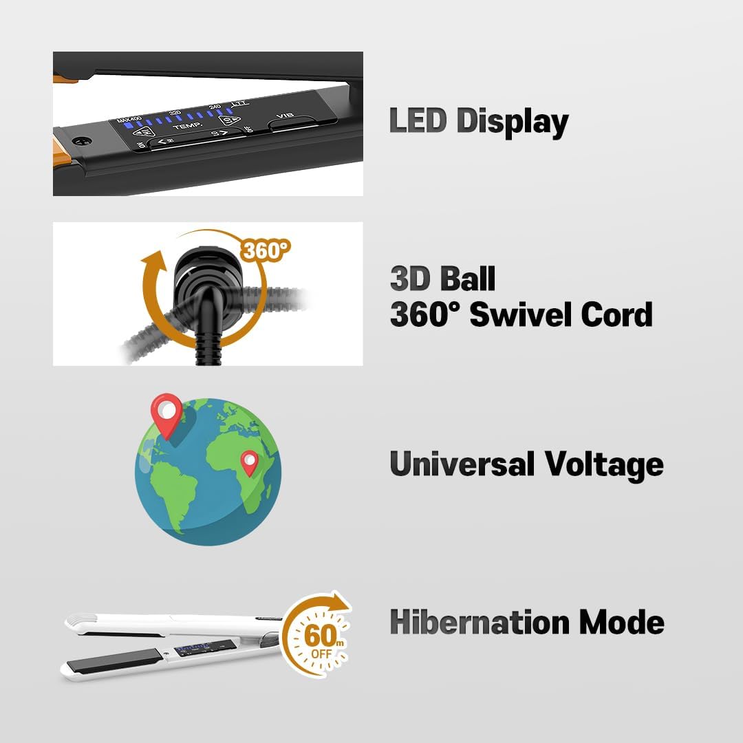 GLAMPALM Hair Straightener 1" Ceramic Flat Iron with Vibrating Plates, Korea's No.1 Professional Salon Tool, 3D Swivel Cord & Dual Voltage, 11 Heat Settings(140°–450°), 25s Fast Heat-Up, White (GP225)