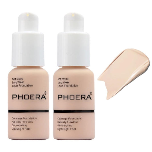 2 Pack PHOERA Foundation,Flawless Soft Matte 24 HR Oil Control Concealer Makeup,Full Coverage Foundation for Women and Girls (101 Porcelain)