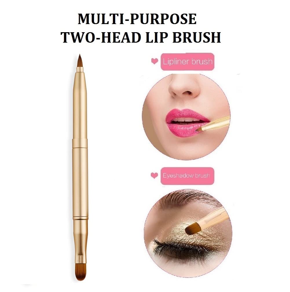 Exquisite Professional Lip Brush Applicators-Retractable Lipstick Brushes- Lipstick Gloss Makeup Brush Tool For Women and Girls (Two-Head-Gold)