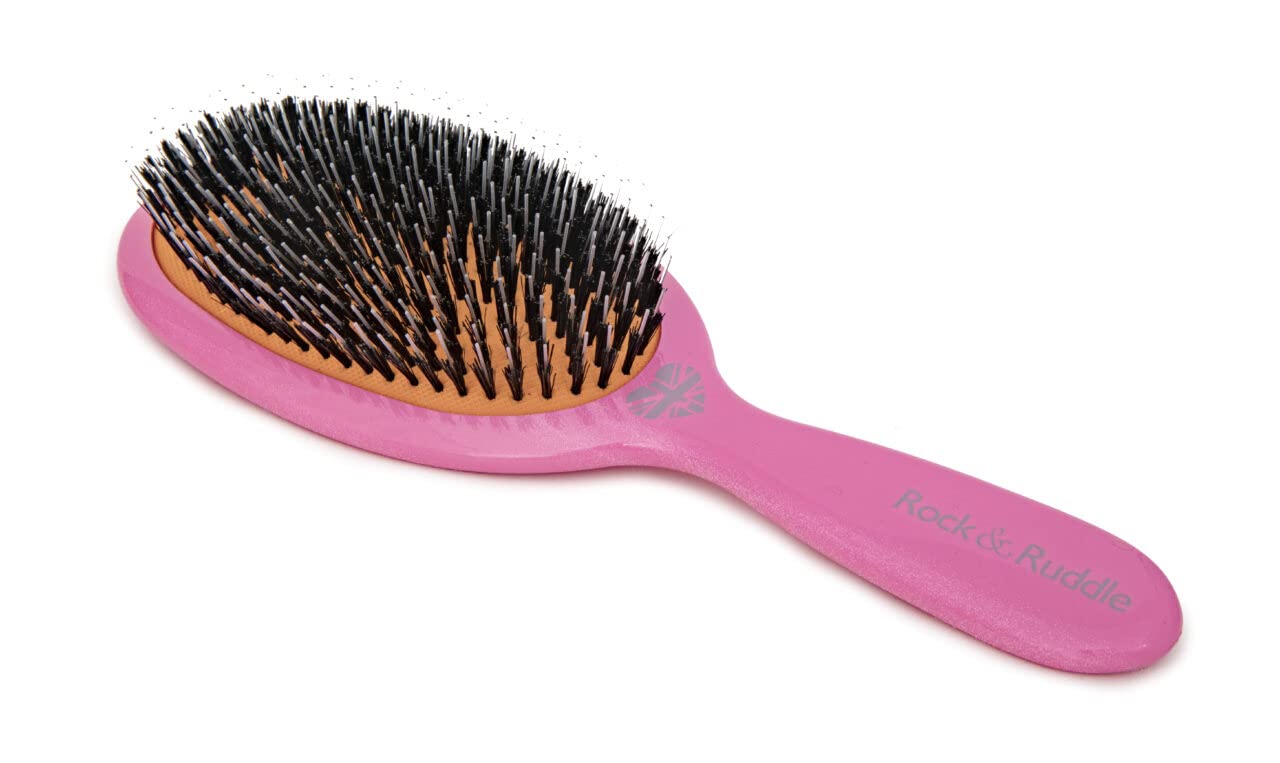 Rock & Ruddle Natural Mixed Boar Bristle Hair Brush for Women and Kids (Large 8.3") - Perfect for Wet or Dry Hair, Detangling Smoothing Blowdrying - Designed & Made in UK - Tickled Pink Design