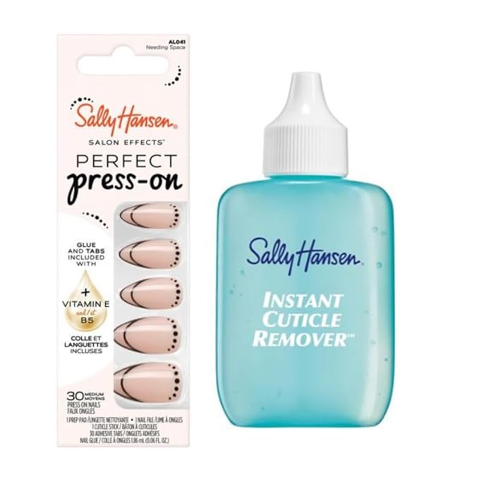 Sally Hansen Instant Cuticle Remover & Salon Effects Press-On Nails Kit - 15 Second Cuticle Remover with Aloe & 30 Nail Designs with Nail Glue