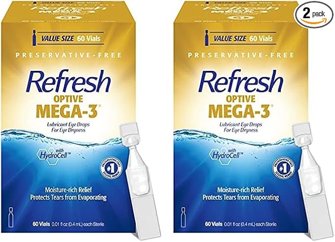 Refresh Optive MEGA-3 Lubricant Eye Drops Preservative-Free Artificial Tears, 0.01 fl oz (0.4 mL), 60 Single-Use Containers (Pack of 2)