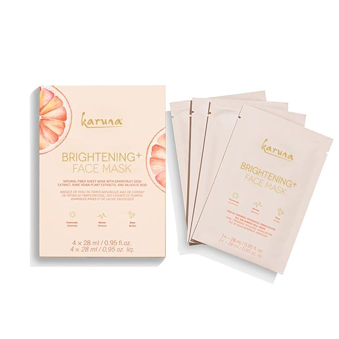 Karuna Skin - Brightening+ Sheet Masks for Radiant Skin, Hydrating Face Mask Skin Care Essential, Face Mask with Grapefruit Seed & Rare Asian Plant Extracts Plus Salicylic Acid, 4 Sheets per Pack