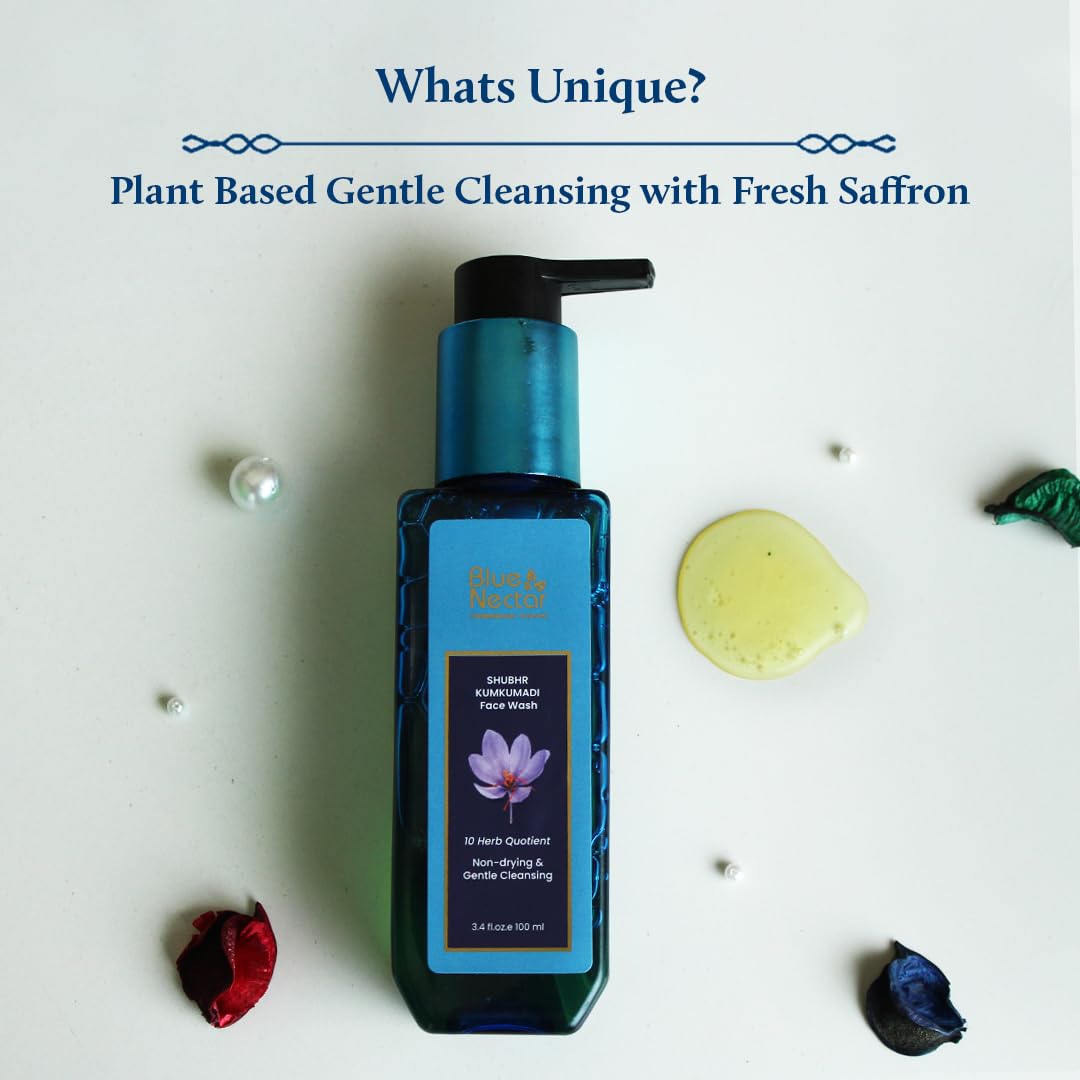 Blue Nectar Kumkumadi Brightening Face Wash with Saffron for Women & Men | Sulphate free Anti Pimple Face Cleanser (10 Herbs, 6.76 Fl Oz)