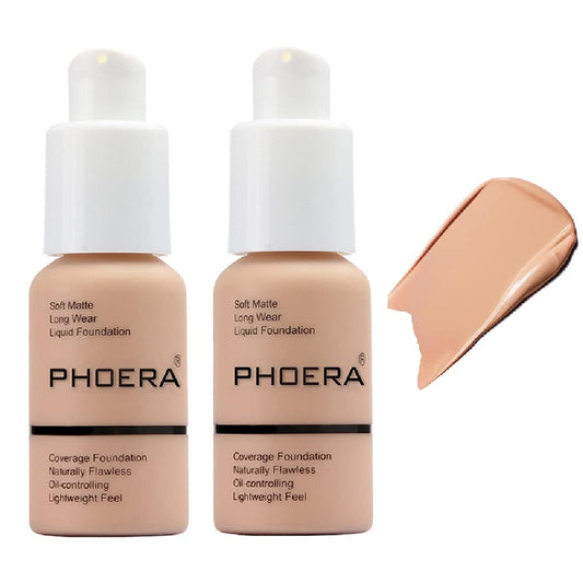 2 Pack PHOERA Foundation,Full Coverage Foundation,Concealer Foundation Full Coverage Flawless New 30ml PHOERA 24HR Matte Oil Control Concealer(103 Warm peach）