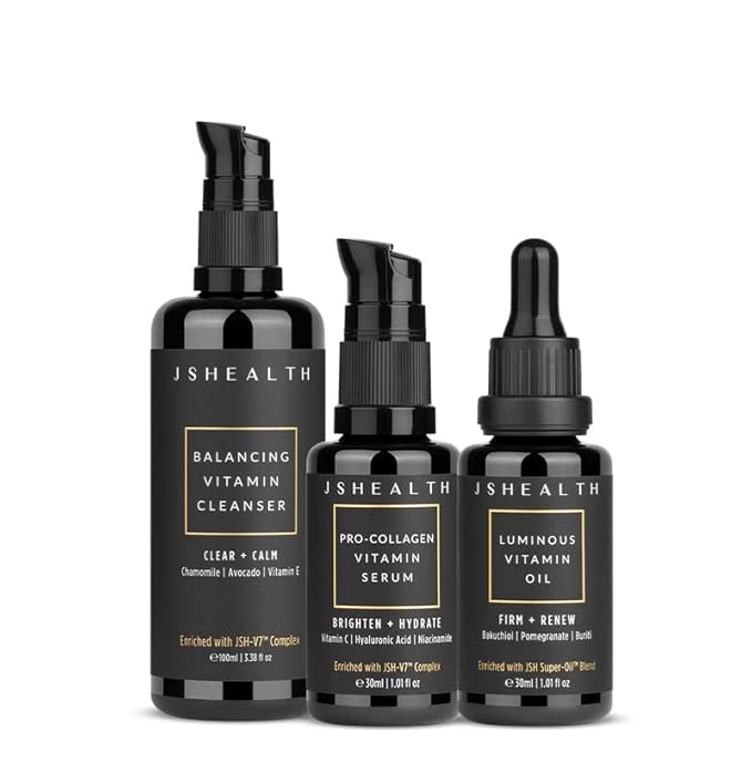JSHealth Hydrate & Renew Skincare Bundle - Gentle Facial Cleanser, Brightening Vitamin C Serum for Face & Hydrating Vitamin E Face Oil