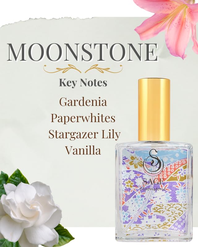Moonstone Organic Perfume Spray by Sage- 2 oz, Vegan & Cruelty-Free, Floral Scent, Gardenia, Paperwhites, Stargazer Lily - Made in USA