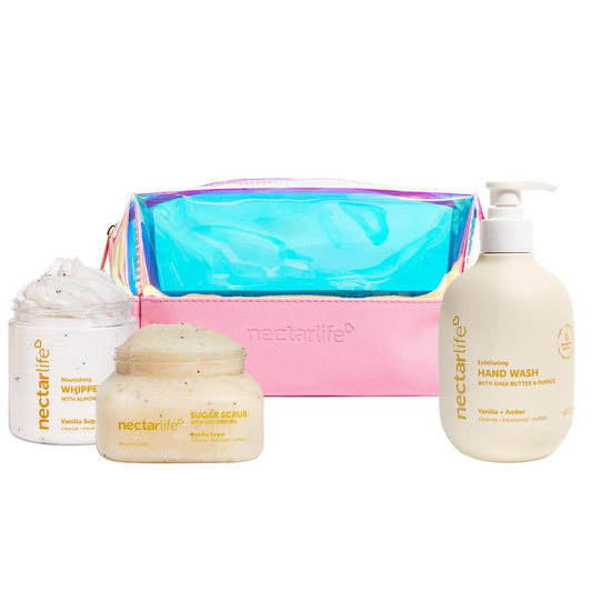 Nectar Life Daily Glow Kit Body Skin Care Set, Whipped Soap, Sugar Body Scrub, Hand Wash (Full Size, Vanilla)