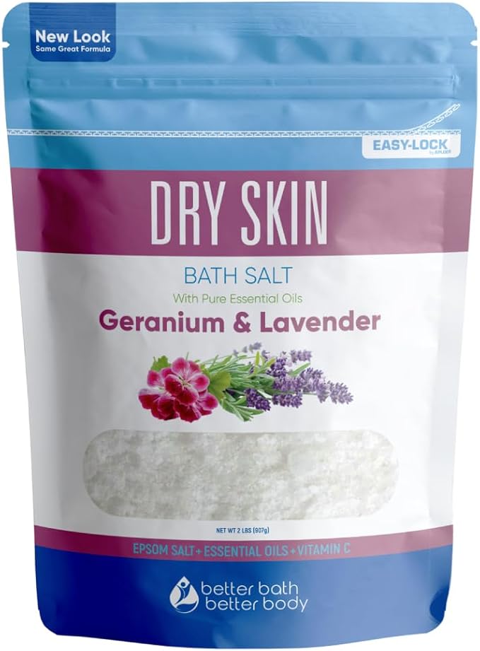 Dry Skin Bath Salt 32 Ounces (2 Lbs) Epsom Salt with Natural Geranium and Lavender Essential Oils Plus Vitamin C in BPA Free Pouch with Easy Press Lock Seal Made in USA
