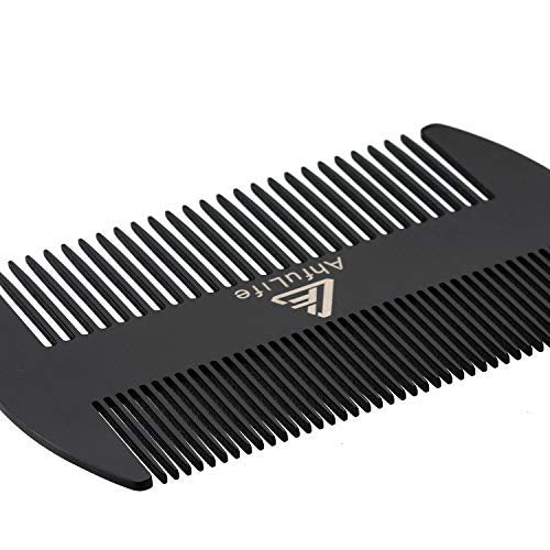 AhfuLife Stainless Steel Metal Hair&Beard Comb - Anti-Static Dual Action Beard Comb - Credit Card Size Combs Perfect for Wallet and Pocket - Presented in Gift Box (Black)