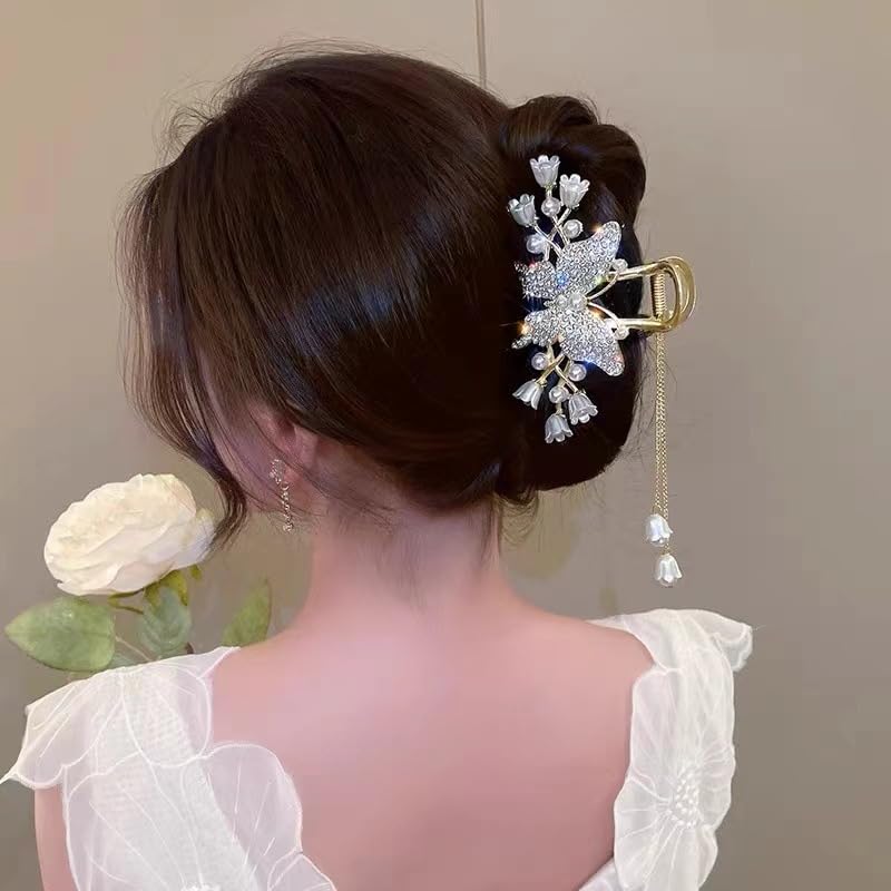 1 Pack Big Butterfly Hair Claw Clip Metal Gold Hair Clips Crystal Rhinestone Butterfly Claw Clips Lily of the Valley Pearl Tassel Design Non Slips Hair Accessories for Women Wedding Birthday Decor