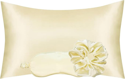 Vegan Silk Sleep Set, Silky Pillowcase with Large Scrunchie and Eye Mask for Hair and Skin, Self Care Essential Satin Night Routine Kit (Light Yellow Color)