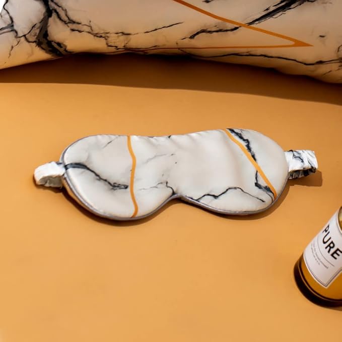 THXSILK Sleep Mask 100% 19 Momme Pure Mulberry Silk Super Smooth Cooling Decorative Sleep Eye Mask Blackout Eye Cover with Wide Head Strap, Marble-White