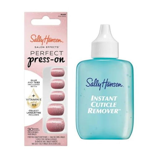Sally Hansen Instant Cuticle Remover & Salon Effects Miss Bliss Press On Nails Kit - Ultra Fast 15 Second Gel Formula with Aloe & 30 Designs with Nail Glue