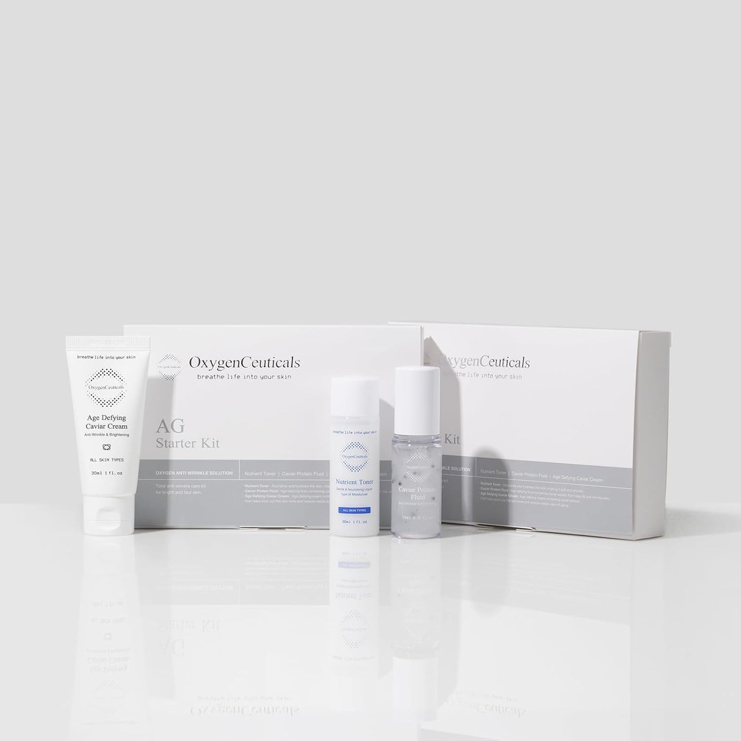 OxygenCeuticals AG Starter Kit – Anti-Aging Kit, Nutrient Toner 30ml, Caviar Protein Fluid 15ml & Age-Defying Caviar Cream 30ml