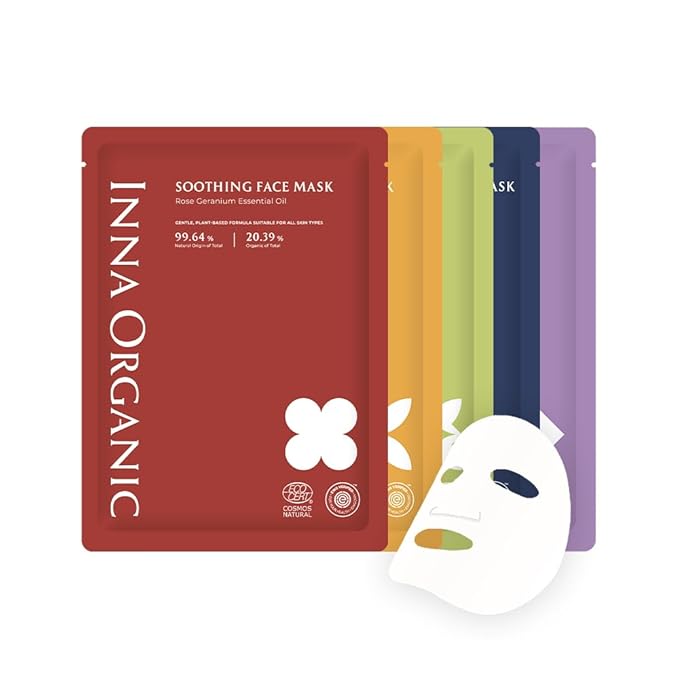 INNA ORGANIC Sheet Mask Set, Anti-Aging & Hydrating, EWG & COSMOS Certified (Pack of 5) | First Pick Discovery Set | Luxury Clean Beauty