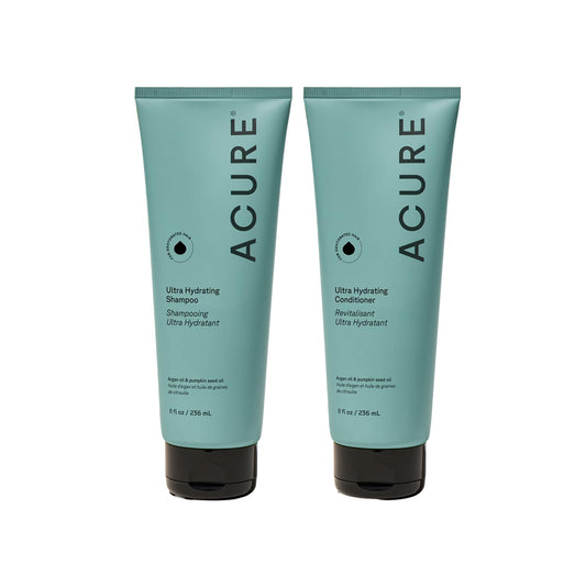 Acure Ultra Hydrating Shampoo and Conditioner Set - Moisturizing Set with Argan Oil for Women & Men with Dry, Damaged, Straight or Curly Hair, 100% Vegan, Paraben Free, Sulfate Free - 8 fl oz (2 Pack)