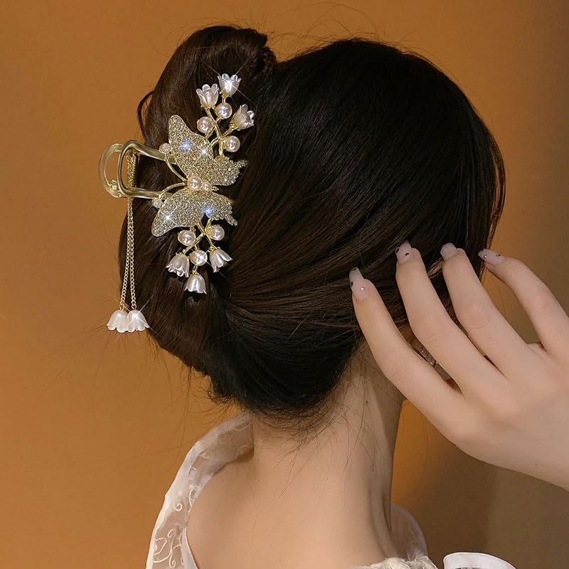 1 Pack Big Butterfly Hair Claw Clip Metal Gold Hair Clips Crystal Rhinestone Butterfly Claw Clips Lily of the Valley Pearl Tassel Design Non Slips Hair Accessories for Women Wedding Birthday Decor