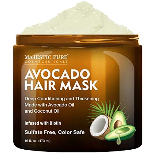 Majestic Pure Avocado and Coconut Hair Mask for Dry Damaged Hair - Infused with Biotin - Deep Conditioning, Hair Thickening, for Healthy Hydrated Hair, Sulfate Free, 16 fl oz