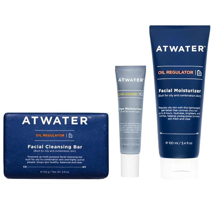 ATWATER Oily Skin Starter Set - Men's Eye Cream, Face Wash, and Moisturizer Bundle for Oily to Combination Skin