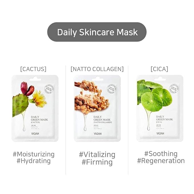 YADAH Daily Green Facial Sheet Mask, Natto Collagen, Pack of 5 – Vegan 100% Eco-friendly Mask Sheet for Skin Elasticity